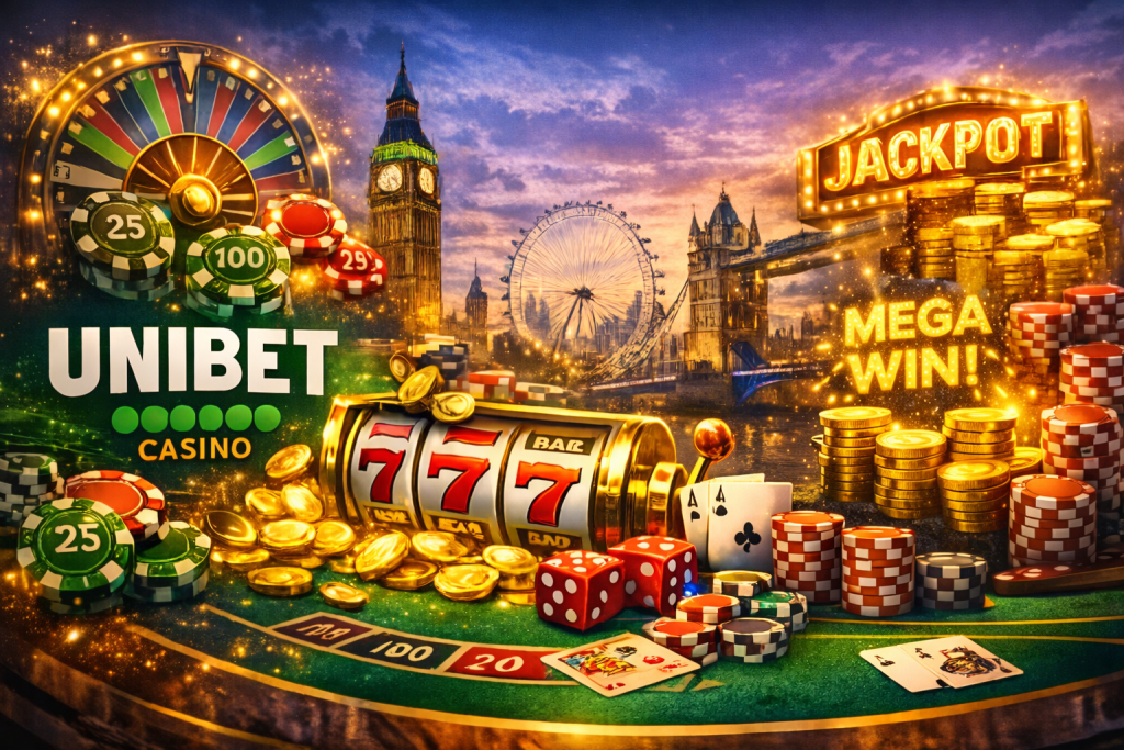 Unibet Casino banner with slot machine, roulette wheel, poker chips and London skyline, without people, modern gaming design